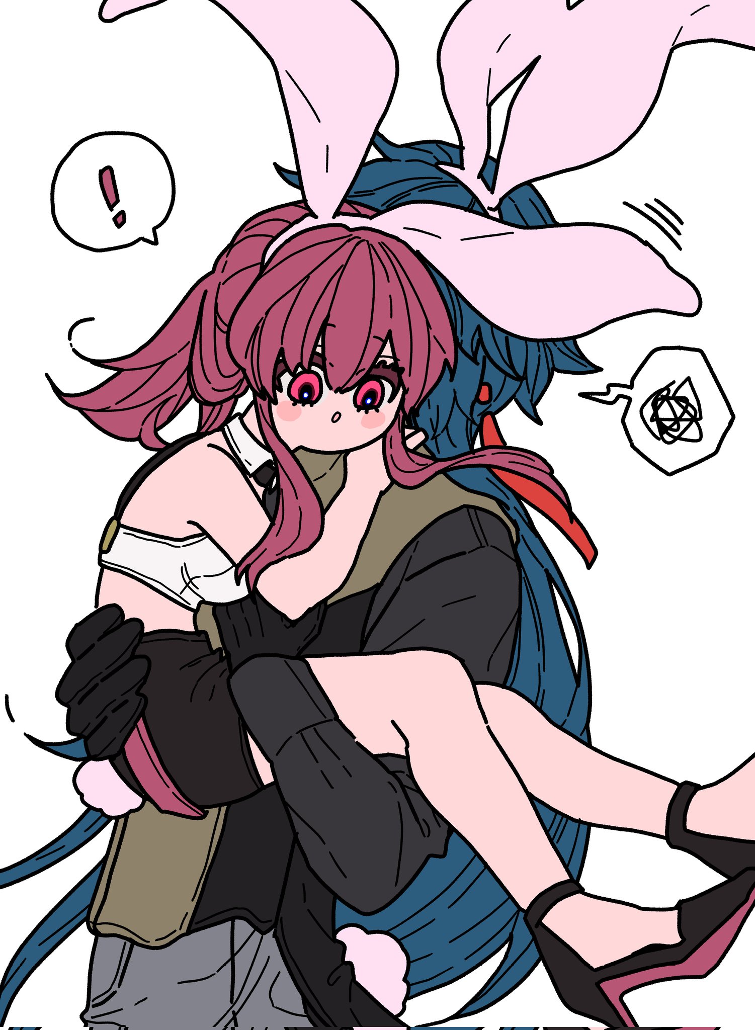 this image is a cartoon illustration of two anime characters. the character on the left is a woman with long pink hair, wearing a white top and high heels. the character on the right is a woman with blue hair and a black jacket. the woman on the right is holding the woman on the left in her arms, both of them are looking happy. they are wearing bunny ears. the image is drawn in a comic style.