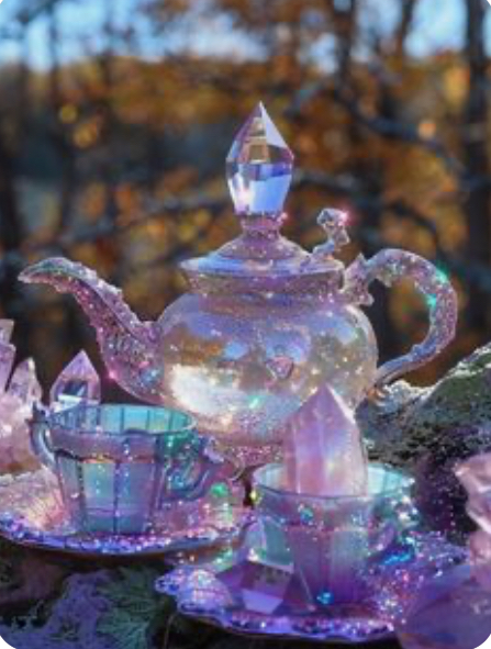 the image showcases a stunning, whimsical tea set seemingly made of crystal and adorned with iridescent glitter.  the teapot, with its pointed crystal finial, is the centerpiece, surrounded by matching teacups and saucers that also incorporate crystal elements.  the entire scene is set against a blurred background of autumnal trees, enhancing the magical and ethereal quality of the image.  the overall color palette is soft purples, pinks, and lavenders, creating a dreamy, fairytalelike atmosphere. the cups and teapot appear to be encrusted with small, glittery crystals, giving a magical and sparkling look.  several rose quartz crystals are also interspersed amongst the tea set, further adding to the mystical theme.