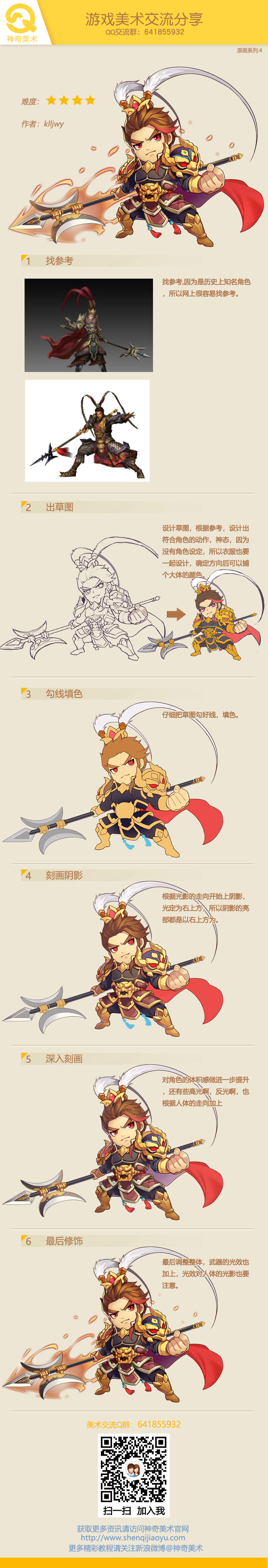 the image displays a stepbystep character design tutorial of a warrior. it showcases a traditional chinese character design with elements like armor, spear, headband, and clothing. each step shows the process of illustration from the initial sketch to the final colored illustration. the image is bright and lively, featuring a cartoon style, and focuses on the process of creating a unique character.