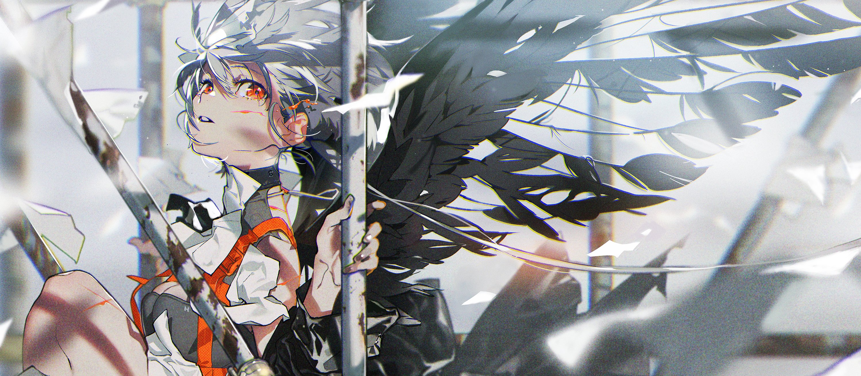 the image depicts a young woman, seemingly a fallen angel, engaged in a fierce battle within a shattered urban environment. she has white hair, piercing red eyes, and large, black feathered wings. her attire reflects the chaos, a mix of white cloth and a black, ripped jacket. she wields a long sword, her pose suggesting both power and desperation. the art style leans into a dynamic, almost fractured perspective, emphasizing the speed and violence of the scene. the color palette, dominated by black, white, and gray, is punctuated by splashes of vibrant orange, drawing attention to the character and the kinetic energy of the fight.