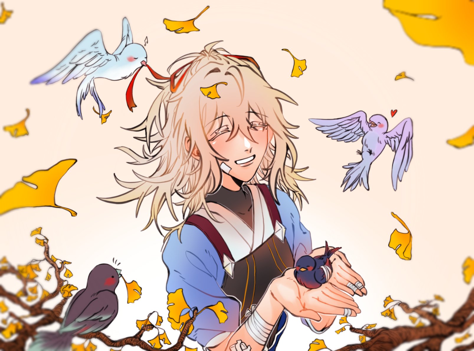 the image depicts a young anime girl with long blonde hair and blue eyes, smiling happily. she is wearing a blue and white outfit with a gold sash.  she is surrounded by falling ginkgo leaves in various shades of yellow. three birds are flying or perched near her. one is a blue bird with a red ribbon on its wing, another is a purple bird with a cute expression, and the third is a black bird perched on a branch. the girl holds a small blue bird in her hand. overall, the illustration is soft, colorful, and has a peaceful and joyful atmosphere.
