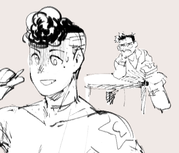 this is a black and white sketch drawing that appears to be from a manga or anime. it shows two boys, one standing and one sitting. the boy standing is looking at the boy sitting and appears to be smiling and happy. the boy sitting looks surprised and shocked, with his hand on his chin.  they both seem to be at a table in a casual setting.