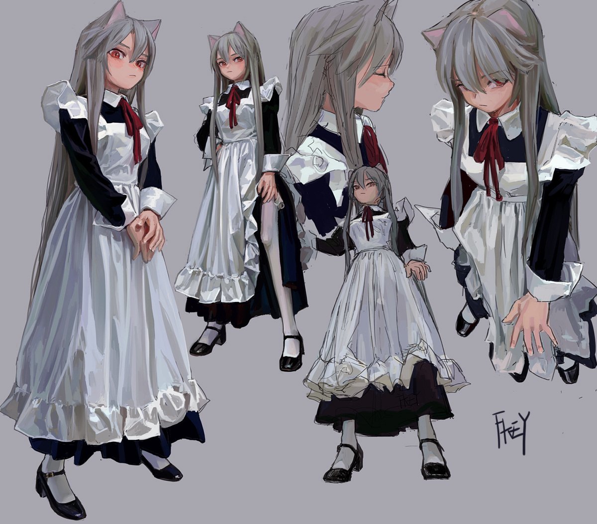 the image shows an animestyle character with cat ears, grey hair, and red eyes wearing a maid dress. the character is depicted in multiple poses and angles, including a side profile and a fullbody view. the image is drawn in a sketchlike style with digital art techniques, showcasing the details of the maid dress, frills, and mary jane shoes.