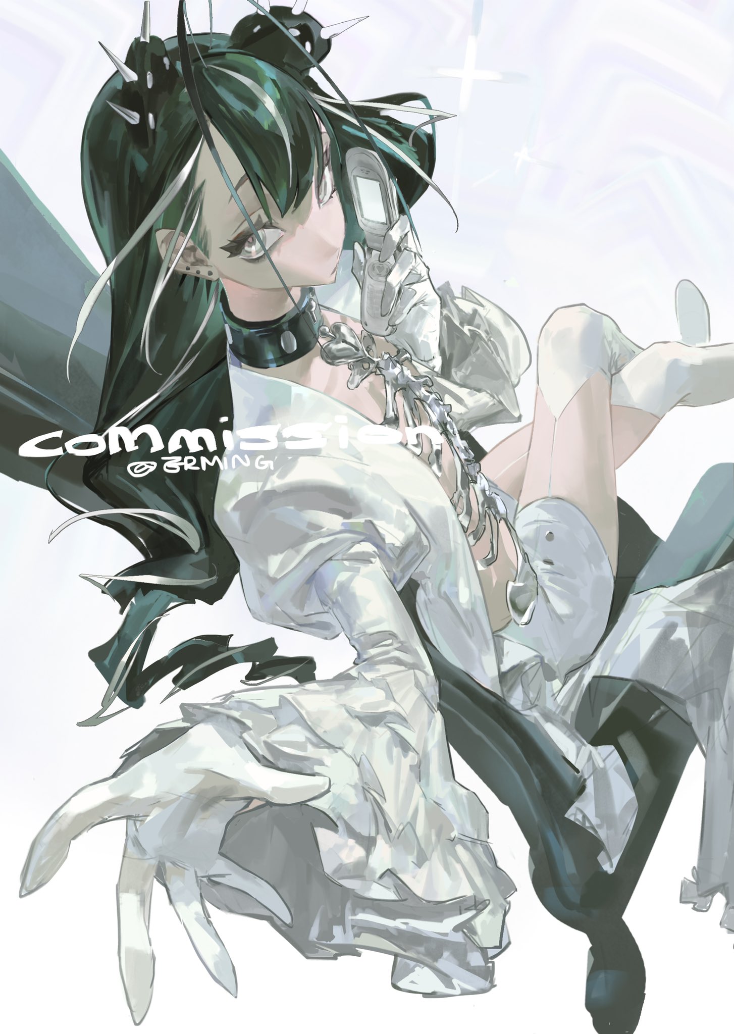 a digitally drawn illustration of an anime woman with black hair and white clothing, with the title "commission" in the bottom left corner and an artist's name "@3rming" written below it. the woman is in a futuristic/cyberpunk style with jewelry and accessories. she is sitting in a chair with her legs outstretched and her head resting on her hand, looking to the left. she is holding a phone to her ear. her eyes are black and she is wearing black eyeliner. she has many metal spikes in her hair.