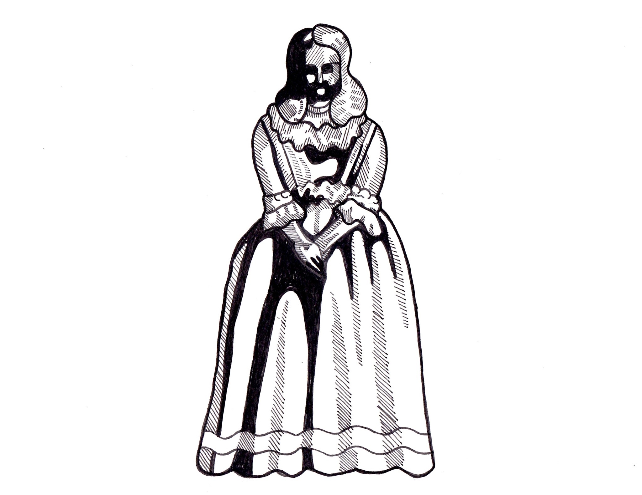 this black and white illustration showcases a woman in a fulllength, vintage dress reminiscent of historical european fashion. her hands are clasped in front of her, and she is facing forward. the style of the drawing emphasizes line work and shading to depict the folds and details of the fabric.