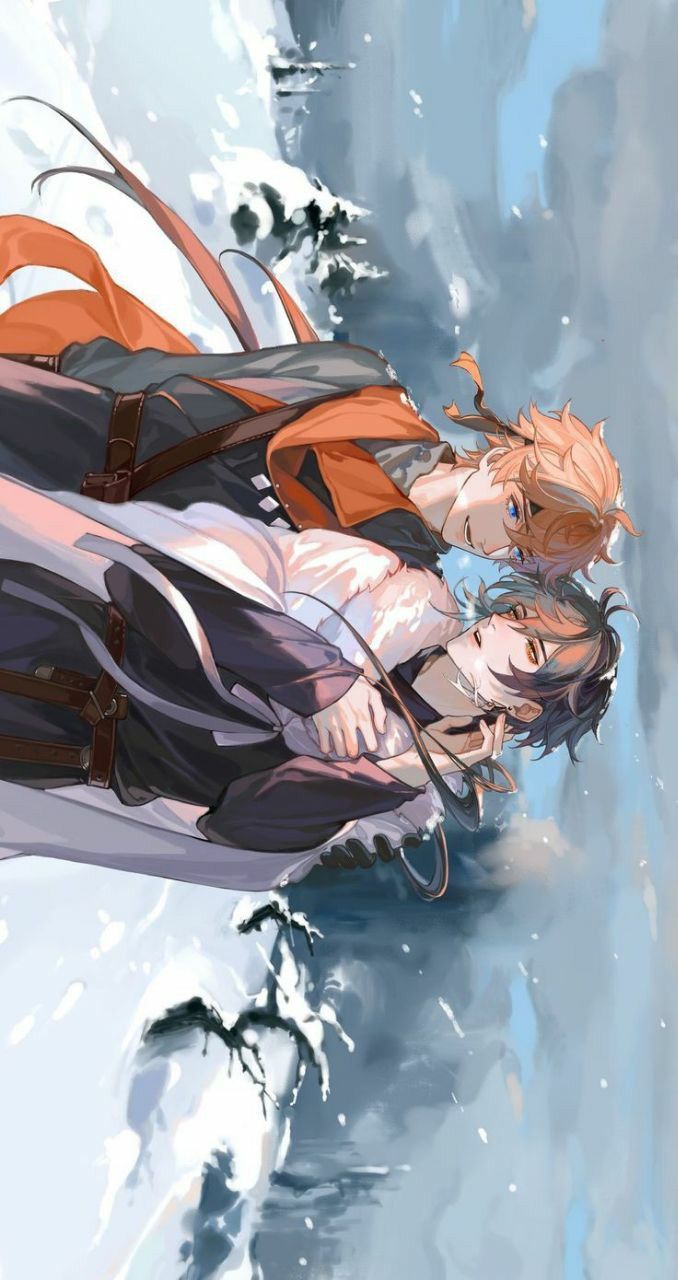 the image is a fan art depiction of the genshin impact characters childe and zhongli in a romantic embrace set against a snowy, wintery landscape. childe, with his orange hair and blue eyes, is positioned behind zhongli, who has dark hair and brown eyes. they are both wearing winter attire and are cuddling. the artwork is in an anime style and suggests a yaoi (boy love) theme. the background features snowcovered scenery.