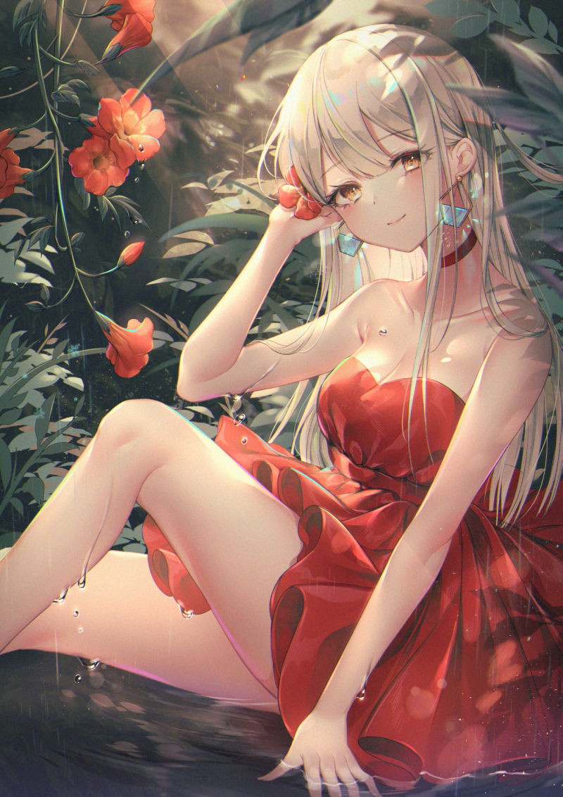the image is a digital illustration of an anime girl with long, light blonde/white hair, wearing a vibrant red strapless summer dress. she is sitting amidst lush green plants and flowers, some of which are red, suggesting a garden or natural outdoor setting. water droplets are visible on her skin and dress, implying it may be raining or she's near a water source. the girl has a serene expression and is posing gracefully.  the overall style is highly detailed and polished, with a focus on soft lighting and a romantic atmosphere. the colors are warm and inviting, creating a pleasant and aesthetically pleasing image.