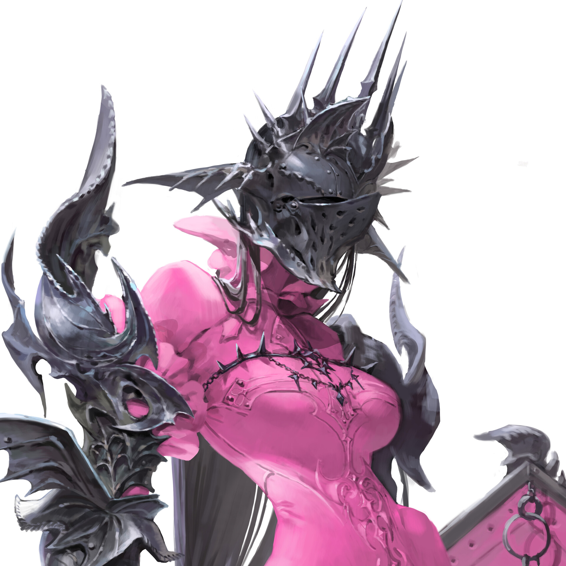 a digital painting of a female warrior wearing ornate black and gray armor with spikes. she has long black hair and a pink skin tone. the armor is highly detailed and includes a helmet with a spiky crown, shoulder pads, and gauntlets. the background is white, making the character stand out. the overall aesthetic is dark and gothic.