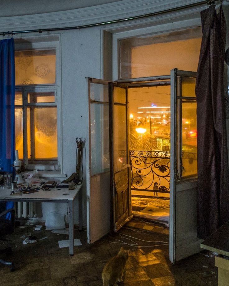 n orange cat sits on the floor of a dimly lit room.  the room is cluttered with various items on a table. a large window and door are open, revealing a snowy city street at night, glowing with warm lights. the room is oldfashioned and shows signs of wear.  curtains hang on the side of the room and a blue curtain is on the left side.