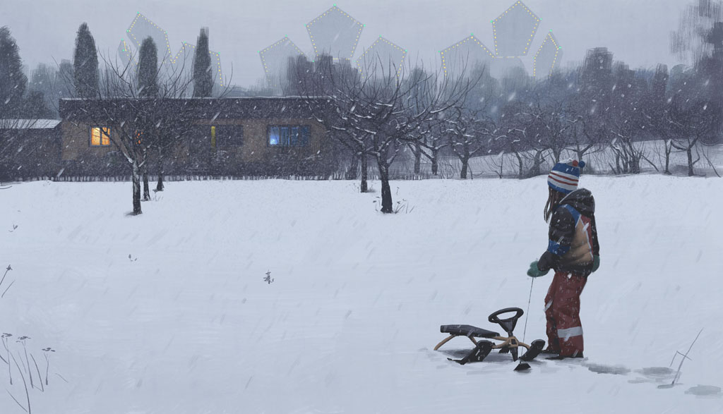 a young child stands in the snow, holding a sled, in front of a snowy house. snow covered trees surround the house and the child. the snow is lightly falling, making the scene peaceful.