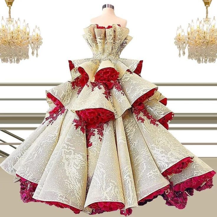 a stunning strapless ball gown with a fitted bodice and a multilayered skirt made of delicate lace and tulle. the skirt features intricate embroidery, ruffles, and sparkling crystals, creating a luxurious and elegant look. the gown is accented with a beautiful red sash, adding a touch of vibrant color to the design.