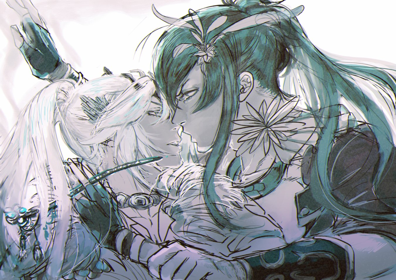 an anime style drawing of a woman with white hair and a man with blue hair looking at each other with a romantic