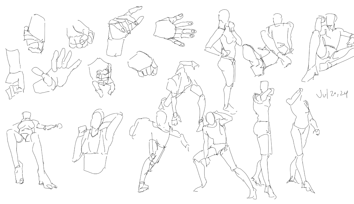 the image is a collection of quick sketches, likely done as a practice exercise. it features various hand poses from different angles and several figures in dynamic poses. the figures are simplified, focusing on gesture and form rather than detail.  the style is loose and expressive, using only lines.