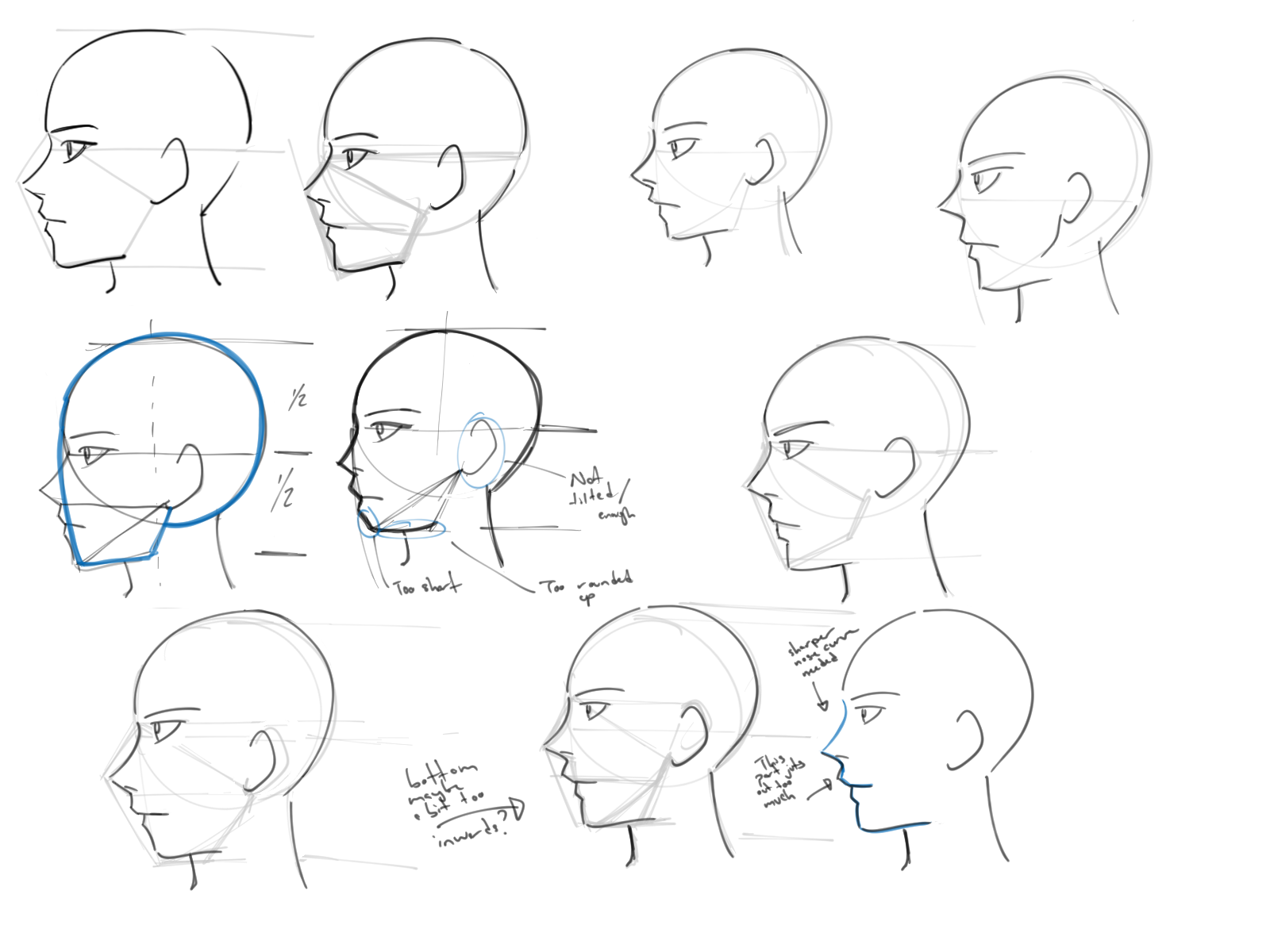 the image is a drawing of different side profiles of human heads, likely a study or tutorial on how to draw the head from a side view. some of the drawings are accompanied by notes or corrections, indicating adjustments that can be made to improve the proportions or features.