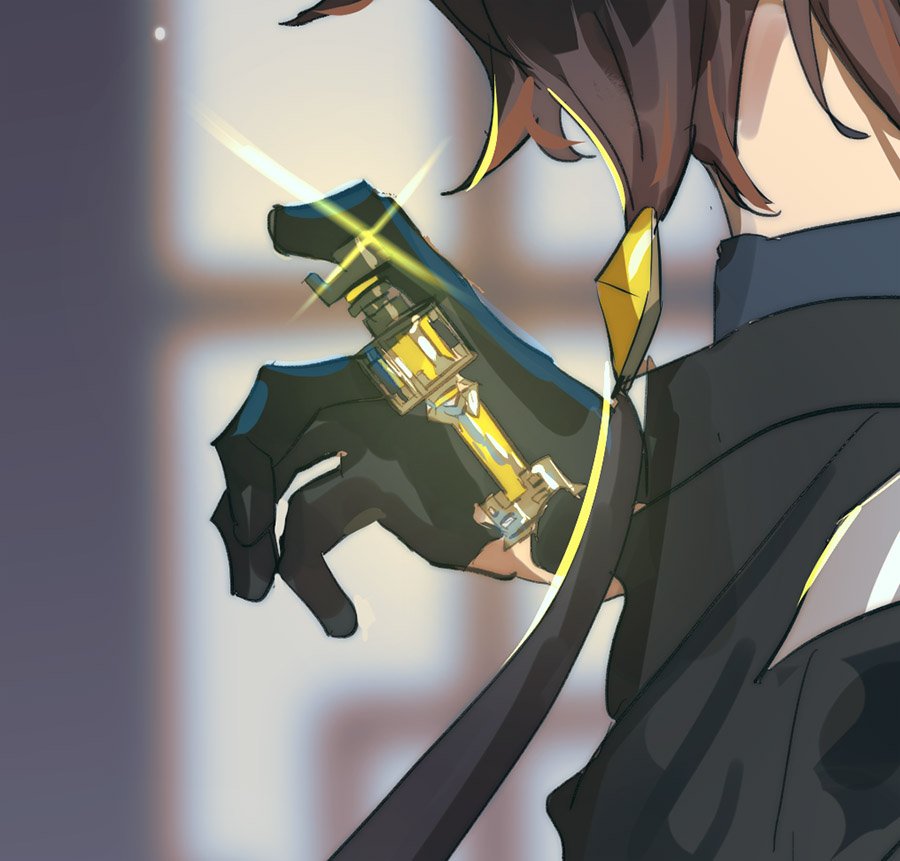 an anime character wearing a black suit with a yellow tie and a black glove holding a futuristic gold weapon. the character is surrounded by a glowing light and the background is blurry.