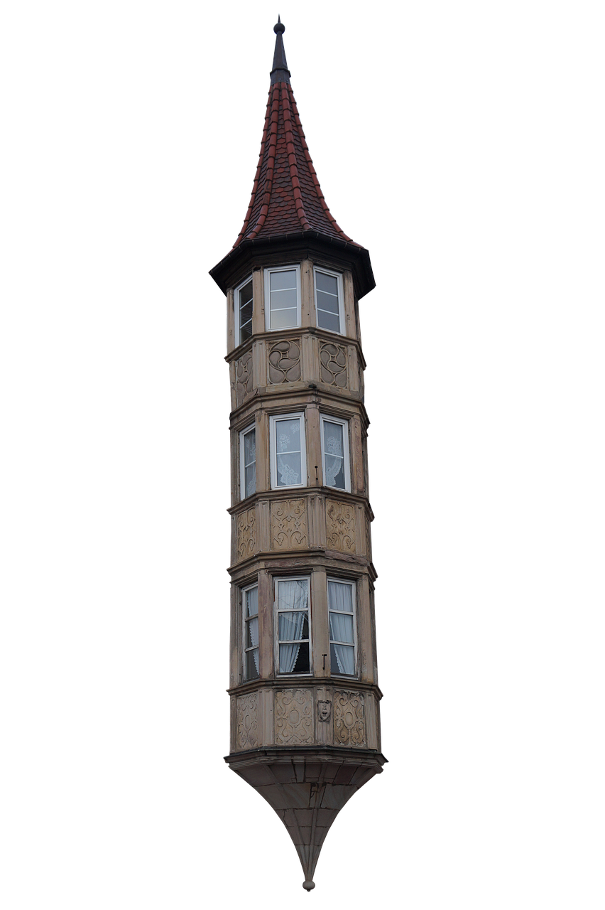 the image shows a tall, narrow bay window tower with a conical roof and spire set against a black background. the tower is made of stone with decorative carvings between each window level. the windows are rectangular with white frames and curtains. the roof is covered in red tiles and topped with a dark spire. the overall impression is of a historic architectural structure.