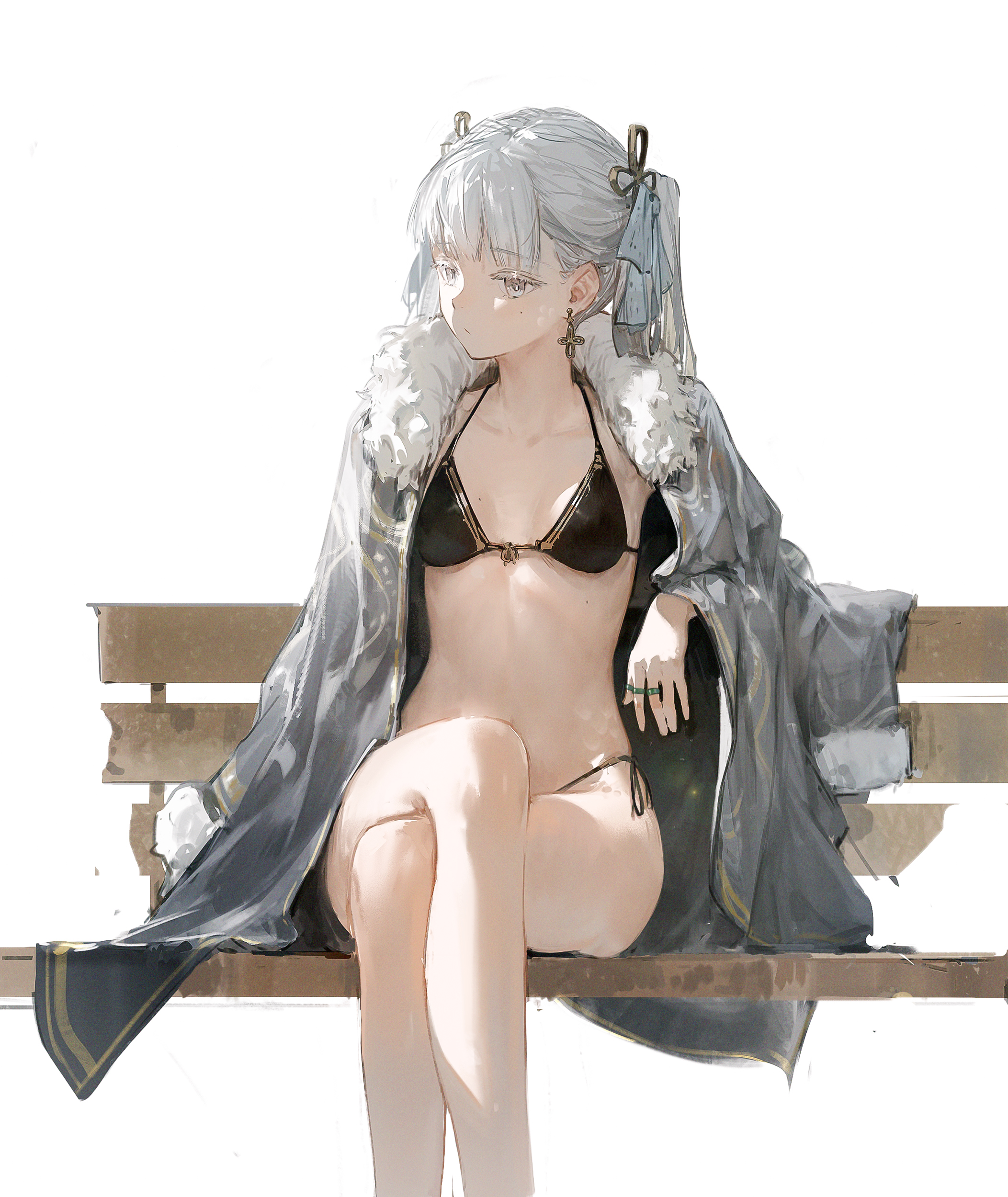 this image depicts an anime girl with white hair sitting on a wooden bench. she is wearing a black bikini and a gray jacket with a furry collar. she is wearing a green ring on her finger.  the background is a white gradient.