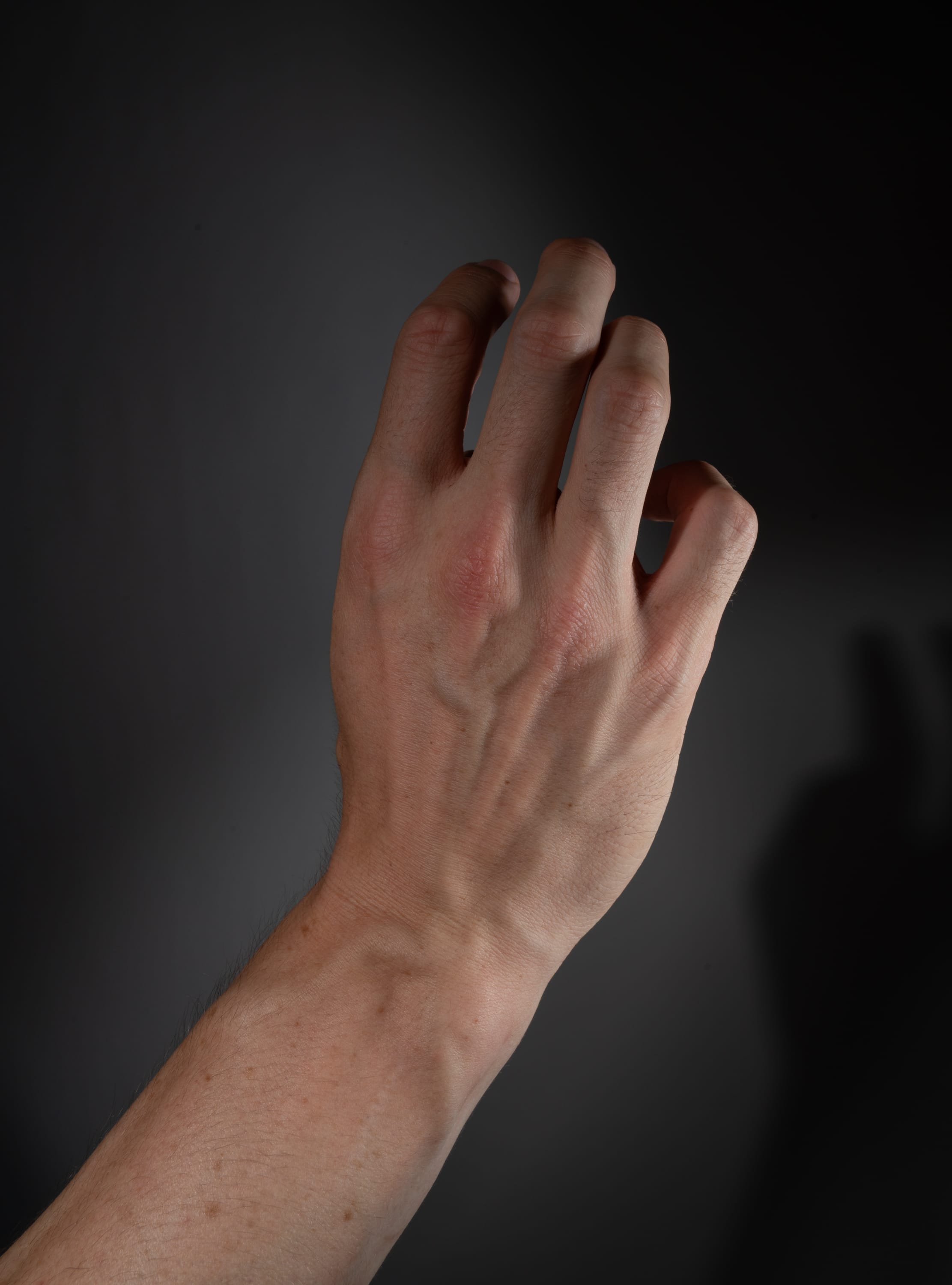 a closeup shot of a fairskinned hand with prominent veins, extended against a dark gray backdrop. the hand is positioned with fingers slightly spread apart, illuminated by studio lighting that casts a subtle shadow. the image focuses on the details of the hand's texture and anatomy.