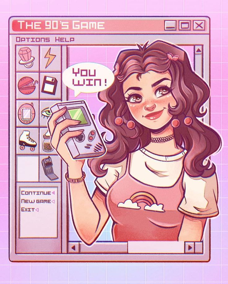 a cute cartoon girl with long brown hair and pink highlights is holding a handheld game console. she is wearing a pink and white shirt with a rainbow design on it. the girl is smiling and looks happy. she is surrounded by a pixelated window with the words "the 90's game" at the top. the window also has a "you win!" banner. the image is in a retro 90s aesthetic with a pink and blue color scheme.