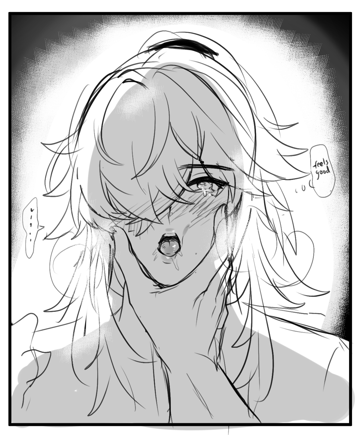a black and white sketch of an anime girl with long hair who is blushing and has her mouth open with her tongue sticking out slightly.  her neck is being held by a hand and a speech bubble above her head says "feels good."