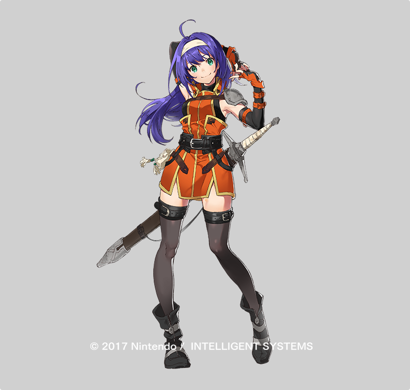 a fullbody illustration of a female character with long blue hair wearing an orange tunic and grey armor. she is holding a sword in her right hand and is posed against a plain grey background. her attire suggests she is a warrior or fighter from a fantasy rpg.