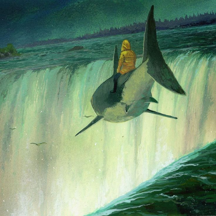 a painting of a man sitting on a shark as it jumps over a waterfall. the background is a dark blue with a city skyline. the man is wearing a yellow rain jacket. the shark is grey with a white belly. the waterfall is green and white and is very foamy. the water around the waterfall is green. the painting is very detailed and realistic, and the overall feeling is one of danger and excitement.
