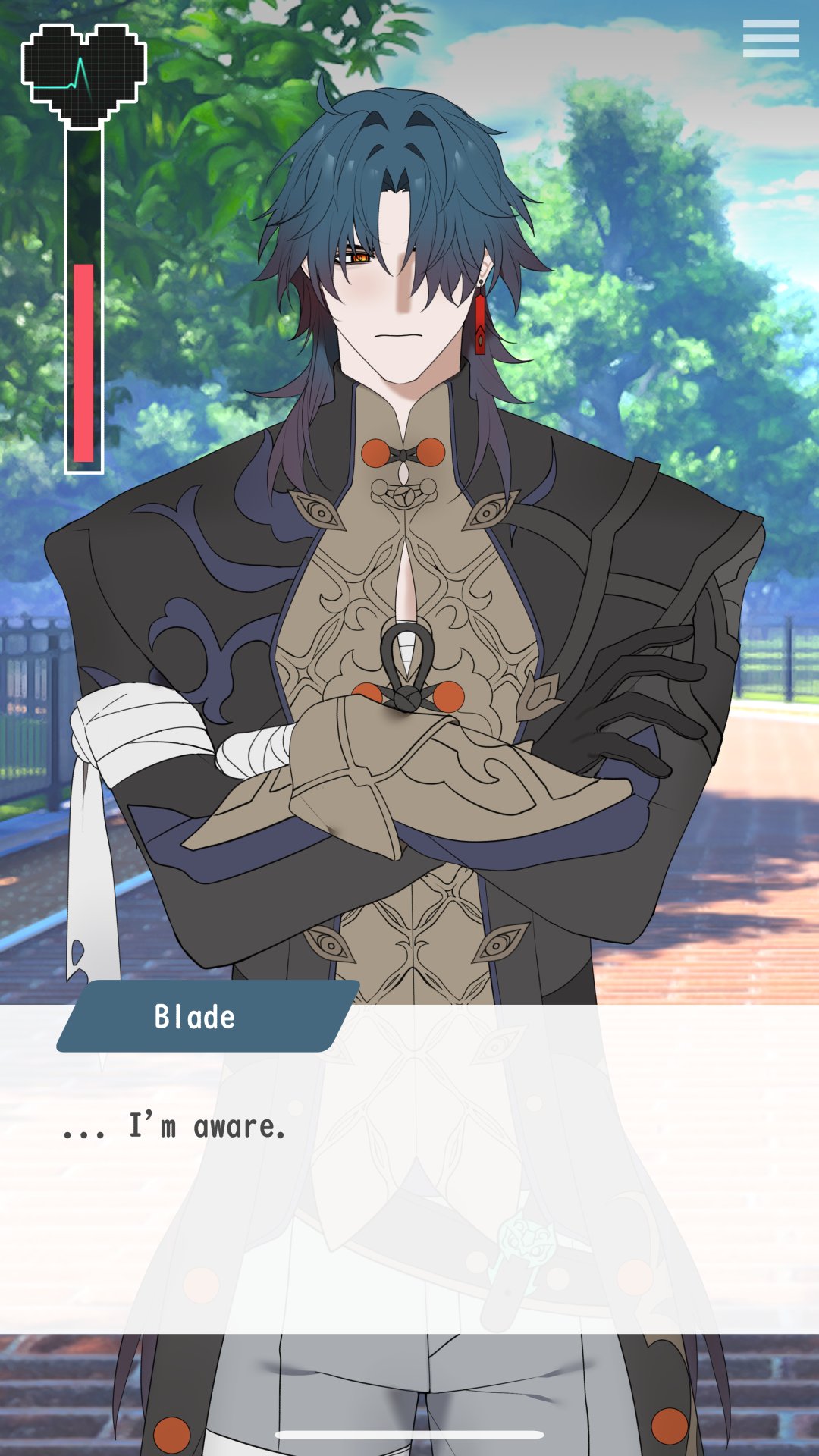 this is a screenshot of an anime game. it features a male anime character with blue hair. he is standing in an outdoor setting with trees and green grass in the background. the character is wearing a black and white outfit with a red eye and appears to be serious and determined as he has his arms crossed. there is a dialog box on the bottom of the image. the text in the box says "... i'm aware."