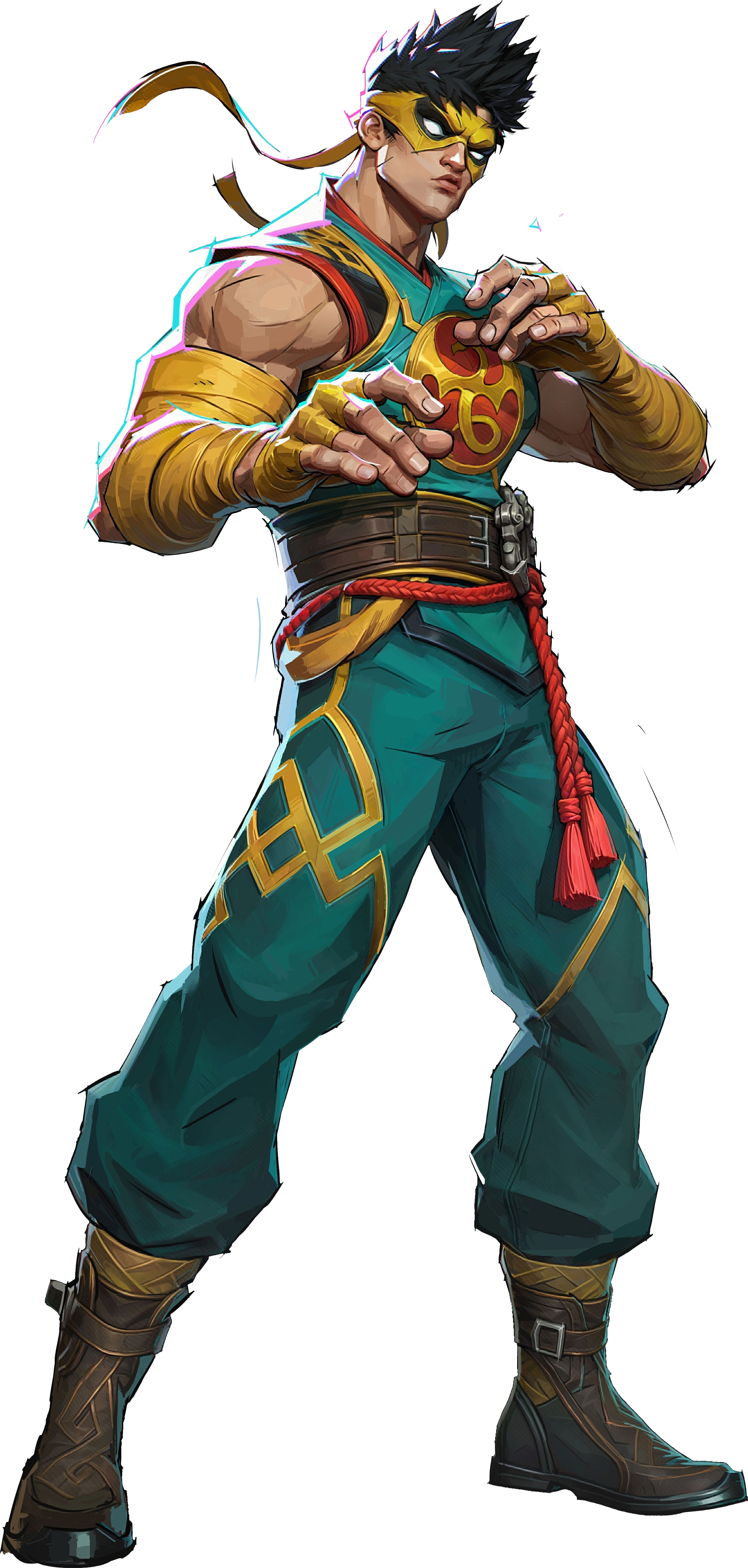 a muscular man in a superhero costume stands ready for action. he wears a yellow mask over his eyes, a yellow headband, and yellow gloves. his tunic is green and yellow and is held at the waist by a brown belt and a red rope. his pants are green with yellow lines, and his boots are brown. the art style is stylized, cartoonish, and reminiscent of comic art. he has dark, spiky hair. his hands are in clenched fists.