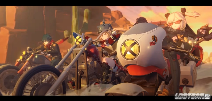 the image shows a group of anime girls riding motorcycles in a desert setting. the girls are all wearing futuristic attire, including helmets and goggles. the motorcycles are all customized with unique designs and features. the sunset is visible in the background.