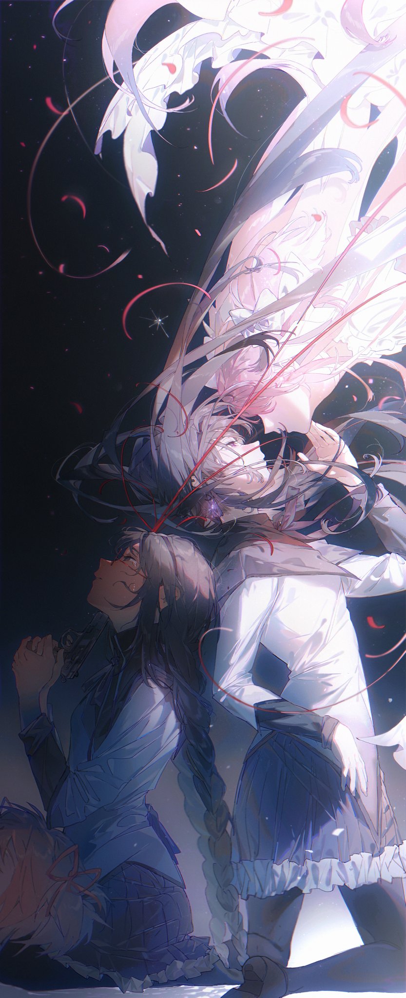 an animestyle image with two girls in a magical setting. the girls are wearing long white and blue dresses, and have long purple hair. there is a dark, magicallooking background with lots of pink and blue shapes floating around. the two girls look like they are floating in the air, and their hair is flowing in the wind.  the girls have sad expressions on their faces.