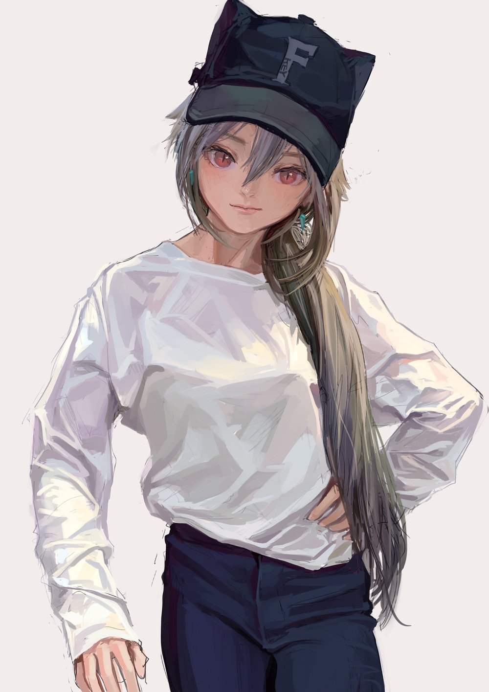 anime style image of a girl with red eyes and silver hair wearing a dark baseball cap with a letter "f" on it, a white long sleeve shirt, and dark pants. she also has earrings.
