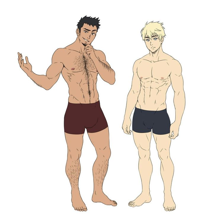 the image shows two men standing side by side. the man on the left is muscular and has body hair. he is wearing maroon boxer briefs. the man on the right is slim and has no body hair. he is wearing navy boxer briefs. both men are smiling and looking at each other. they are standing on a white background.