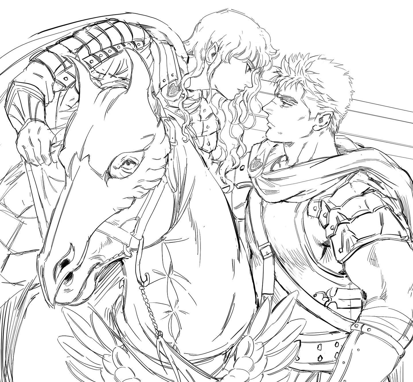 a black and white sketch of a man and a woman, likely warriors, with a fantastical horse. the man, with short hair and a determined expression, stands close to the horse's neck.  the woman, with long flowing hair, sits atop the horse, her gaze directed downward. they both wear armor, hinting at their warrior status. the horse, more elaborate than a regular steed, suggests a world of fantasy and adventure.