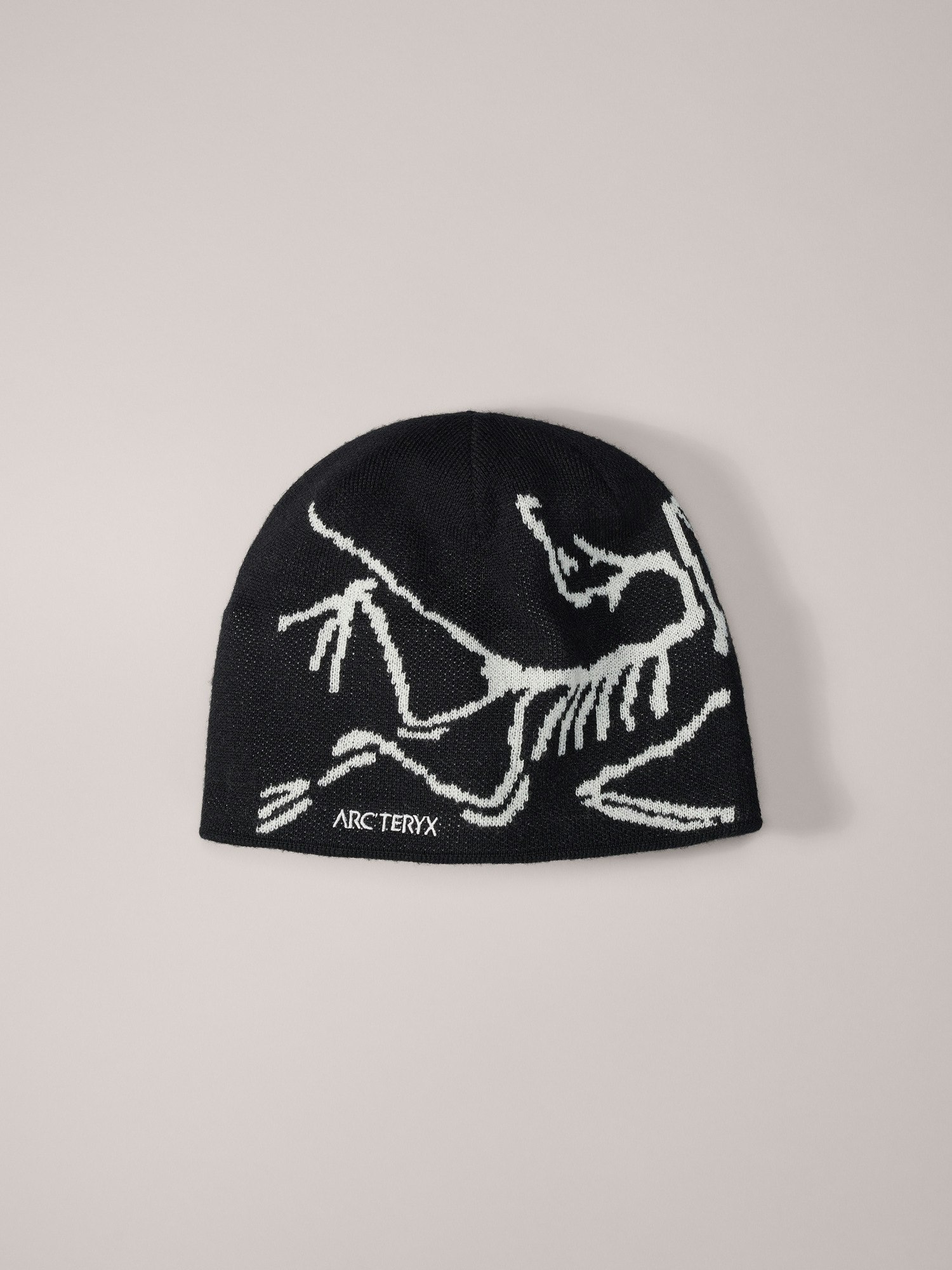 a black arc'teryx beanie is shown against a lightgrey background. the beanie is made of a knit fabric and features a white graphic of a skeletonized dinosaur.  the arc'teryx logo is visible in small text near the bottom. the beanie is folded slightly, and is presented as if it were for sale or in a product display.