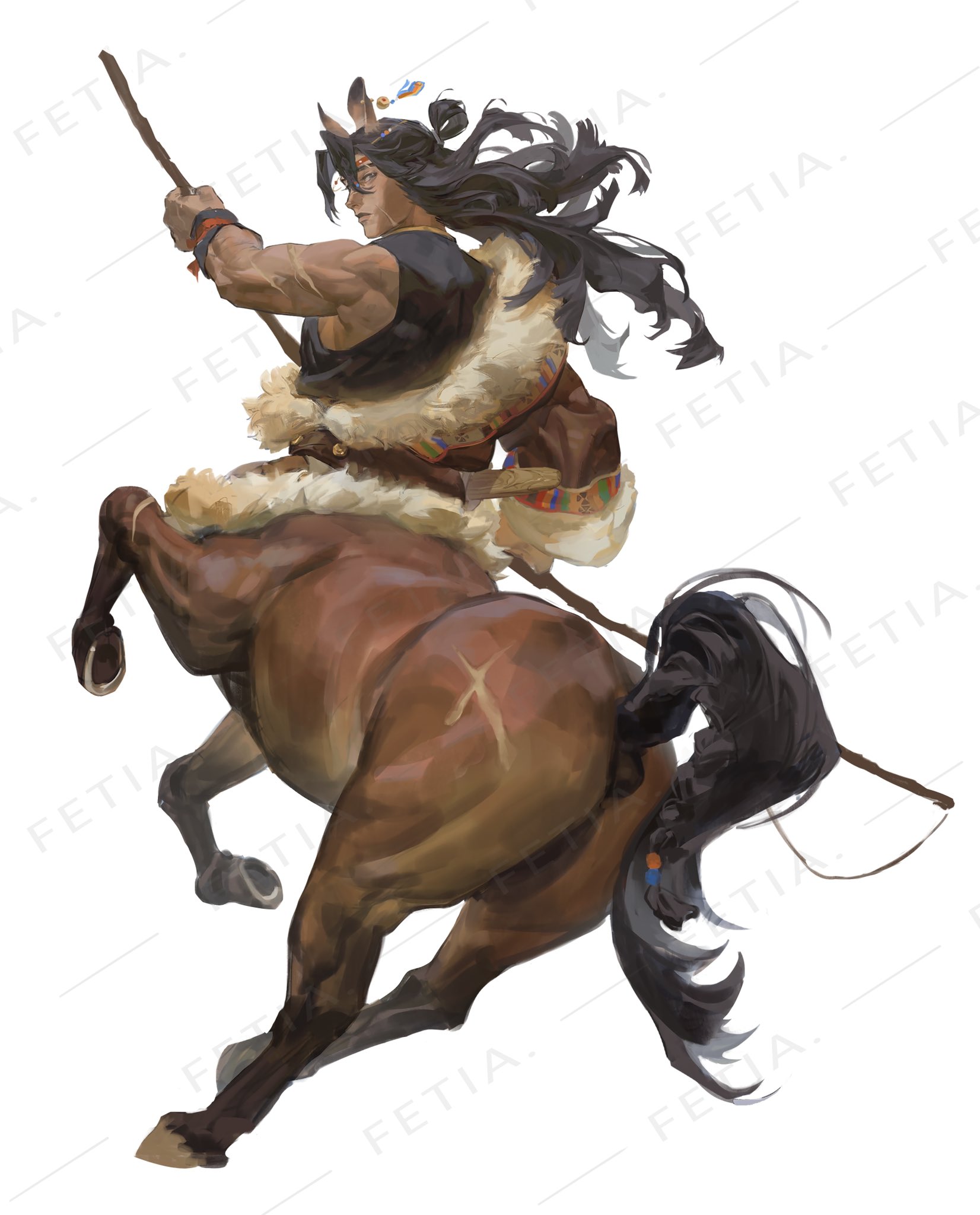 a fantasy warrior, clad in fur armor and wielding a spear, rides a powerful horse. the warrior has a determined expression on their face, and they are poised to charge into battle. the horse is muscular and strong, with a flowing mane. the scene is dynamic and dramatic, with a sense of energy and motion. the art style is digital and highly detailed. the overall feeling of the image is powerful, heroic, and exciting.