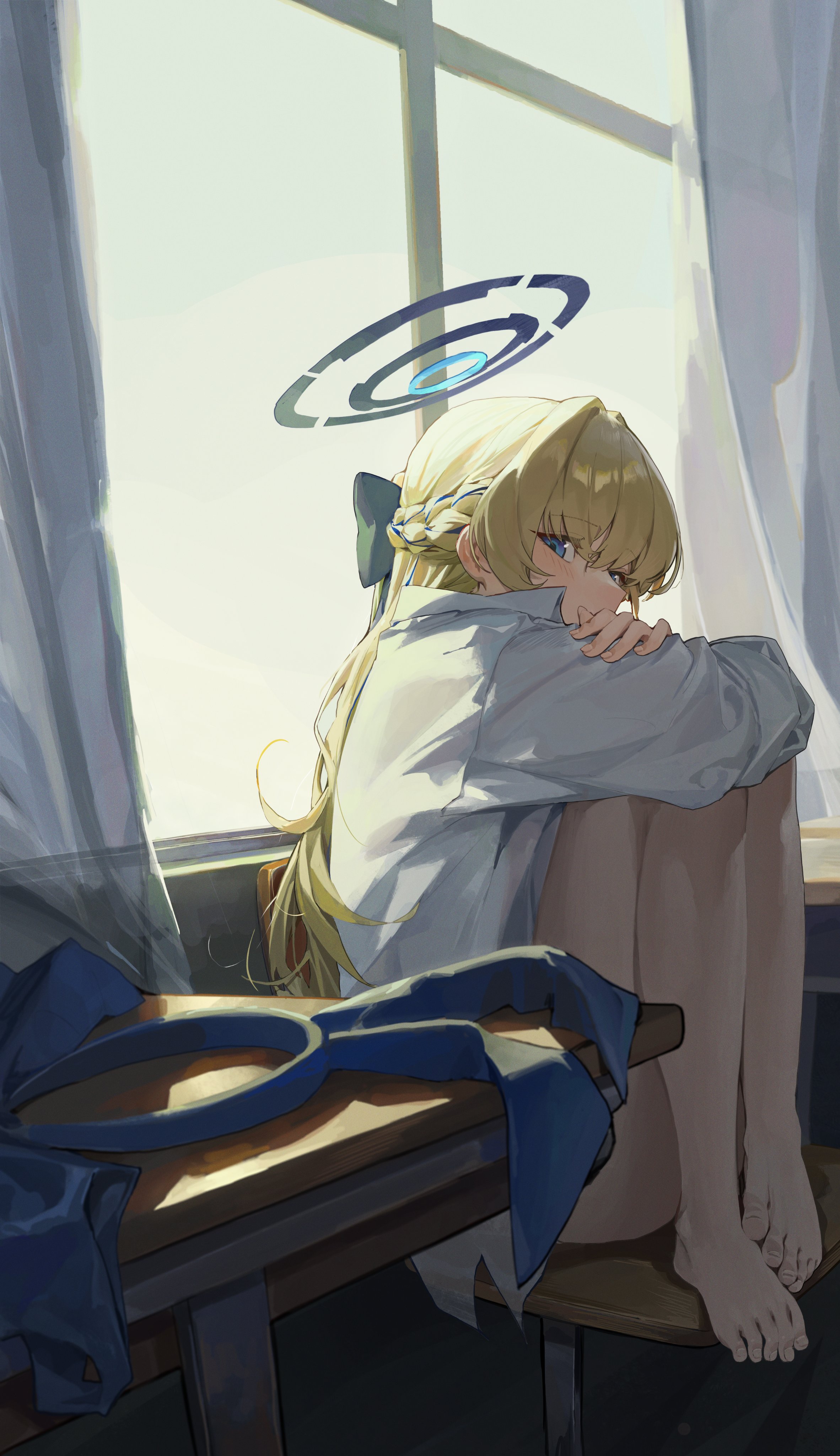the illustration depicts an animestyle young woman with long blonde hair styled in a braid. she's wearing a loose white shirt and is sitting on a chair at a desk near a window, her legs crossed.  sunlight streams in from the window. she has a somewhat melancholic expression, her hands covering her face, and a stylized, circular halo above her head suggests a spiritual or otherworldly element. a piece of blue fabric is draped over the desk. the overall mood is peaceful but also tinged with sadness or introspection. the artwork is digitally rendered, with a soft, painterly style.