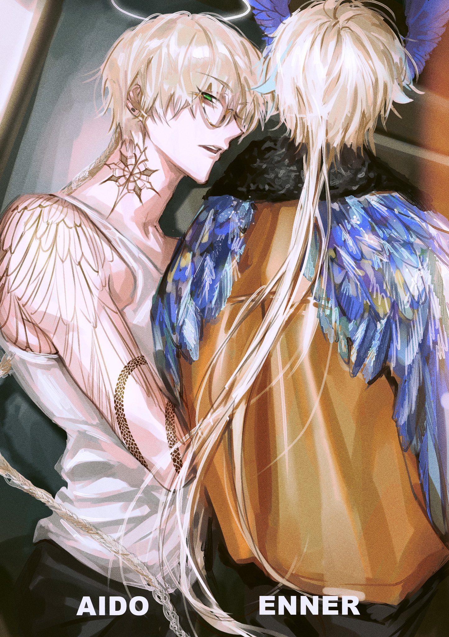 this is a digital art piece of two anime boys. one has white angel wings and is wearing a white tank top. he is also wearing a halo. the other boy has dark blue wings, and is wearing a gold and black shirt. the boy with the angel wings has glasses and is holding the boy with the demon wings by the back of the neck. they are both looking at each other with loving eyes. the background is a blur of light and dark colors. there is text that reads "aido" and "enner" under each boy.
