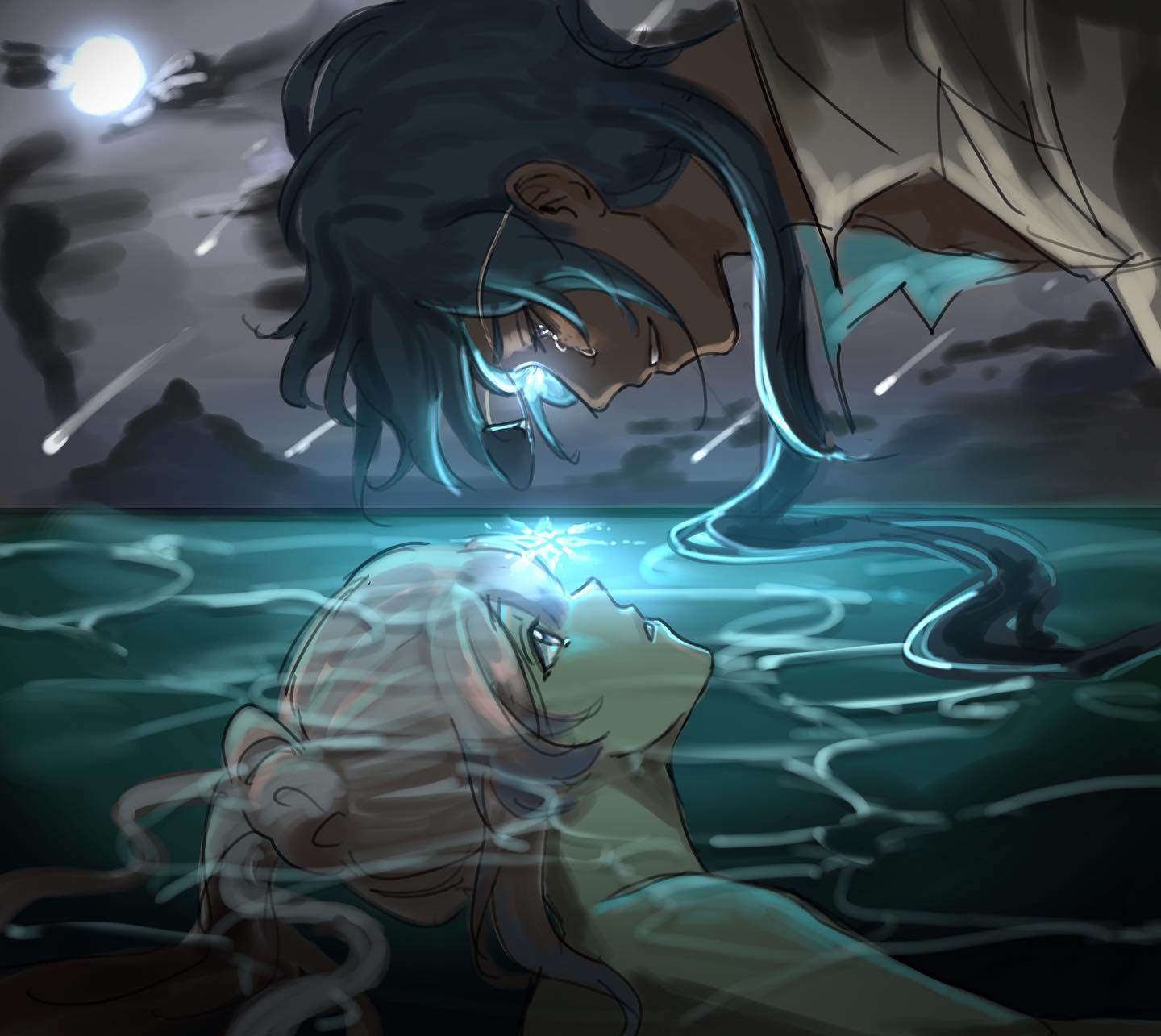 the image depicts a heartbroken anime boy looking down at a girl submerged underwater. he is leaning over her, his face contorted in sorrow and his eyes filled with tears. she is looking back up at him, her eyes wide and shimmering with an ethereal glow. the scene is bathed in an ethereal blue light, creating a sense of mystery and sorrow. the moon and stars are visible in the night sky, creating a sense of longing and loss. the image is a beautiful and moving portrayal of heartbreak, and the artist's use of light and color creates a truly unforgettable scene.