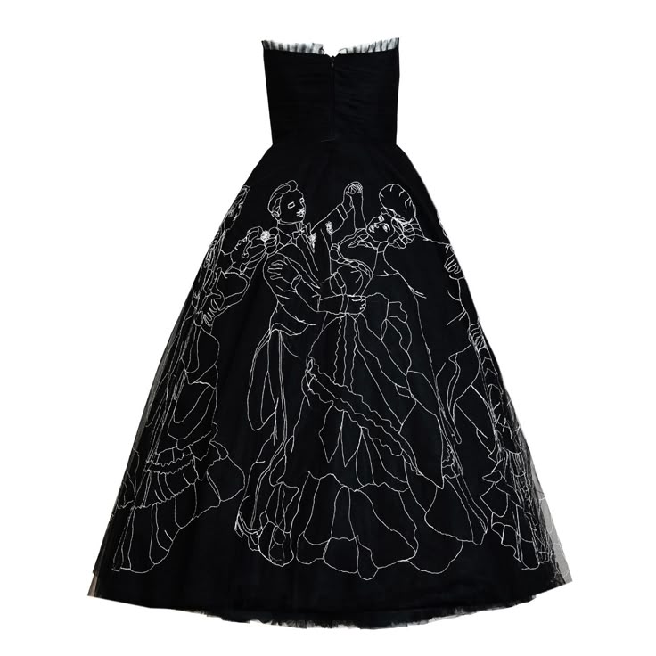 a black, strapless ball gown is shown with a white line drawing of couples dancing. the dress is a full skirted gown, appropriate for formal occasions. the drawings depict several couples in different poses, seemingly in a ballroom.