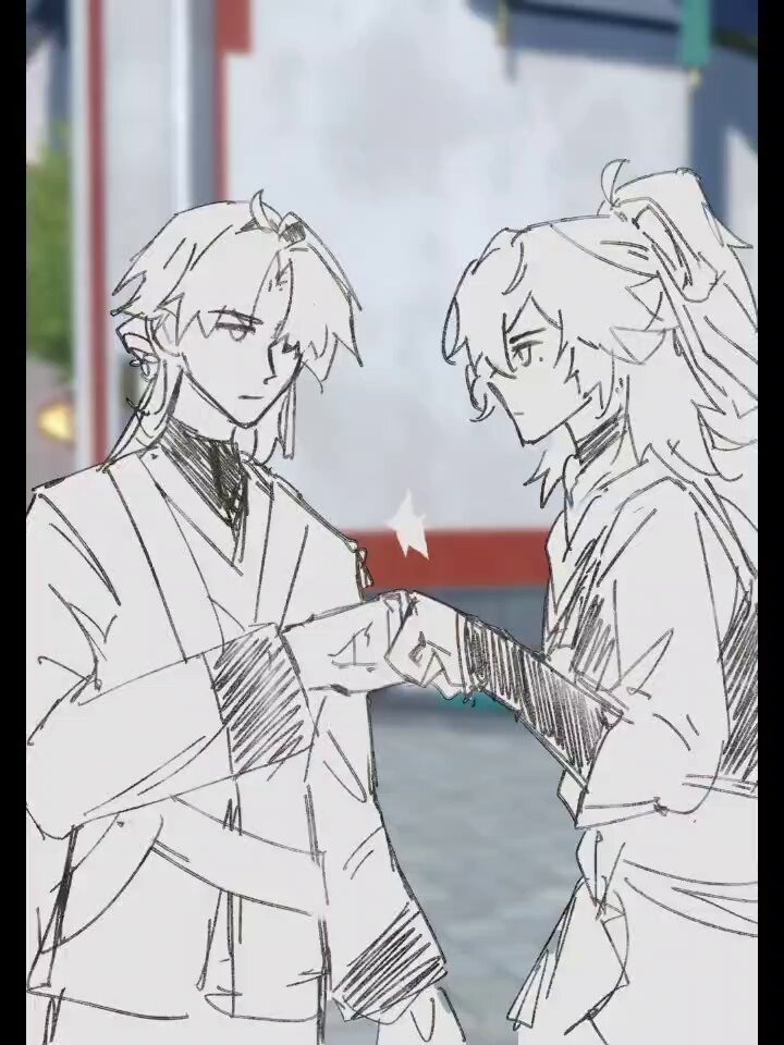 a sketch of two anime boys standing next to each other with their arms out, as if they are about to fist bump or shake hands. the boy on the left is facing slightly towards the right, with his left arm out towards the right, while the boy on the right is facing slightly towards the left, with his right arm out towards the left. both boys are smiling and seem to be in good spirits. they are both dressed in casual clothing. the sketch is done in black and white, and the background is a blurry image of a city street.