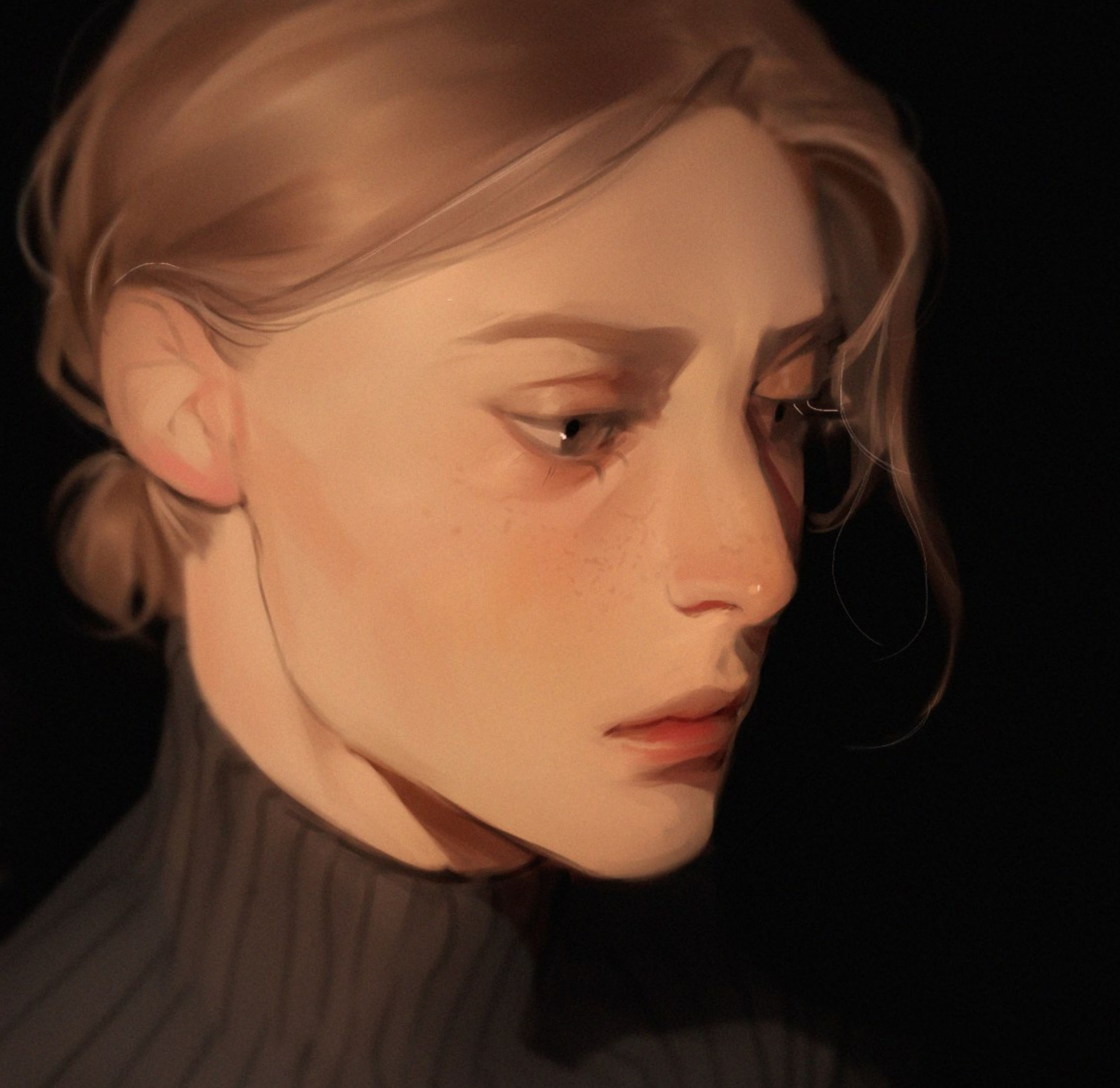 this is a digital painting of a young man with blonde hair pulled back from his face. the portrait is a closeup, focused on his face against a dark background. the warm light source illuminates the left side of his face highlighting his features. his expression is contemplative and his gaze is directed downward. the overall mood of the painting is quiet and introspective.