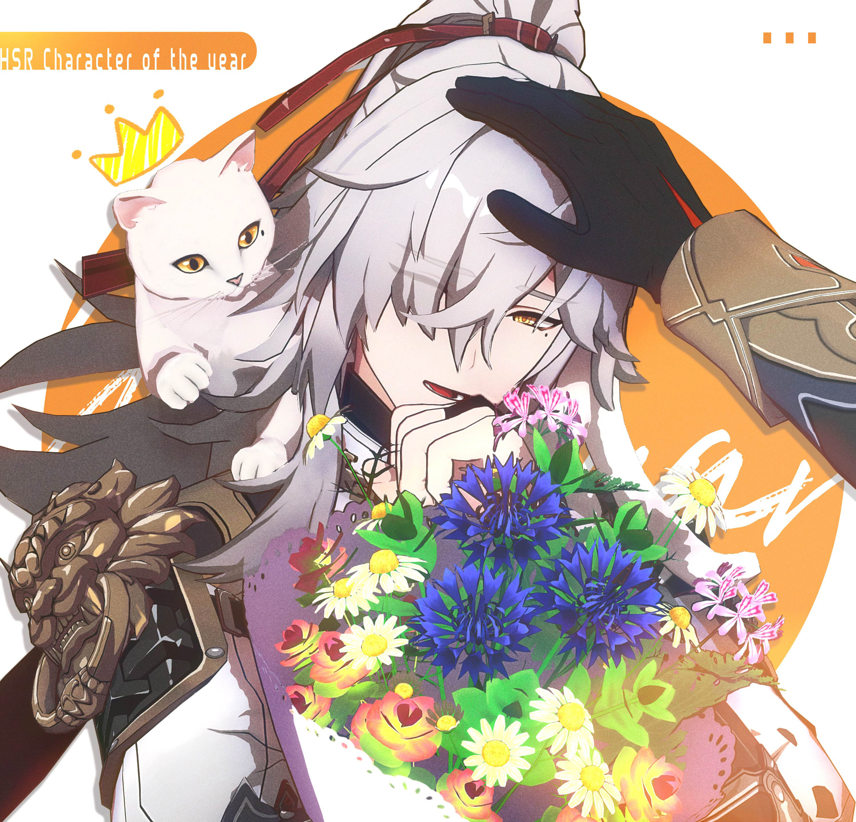 this is a digital illustration of dan heng from the popular anime game honkai star rail. he has long white hair, amber eyes, and a kind smile. he's wearing a white outfit with a black and red sash around his waist. a small white cat is sitting on his shoulder while dan heng holds a bouquet of colorful flowers in his hands. the background is orange and white with a few black dots on the top right corner. the image has a cute, happy aesthetic and is perfect for a phone or computer wallpaper.