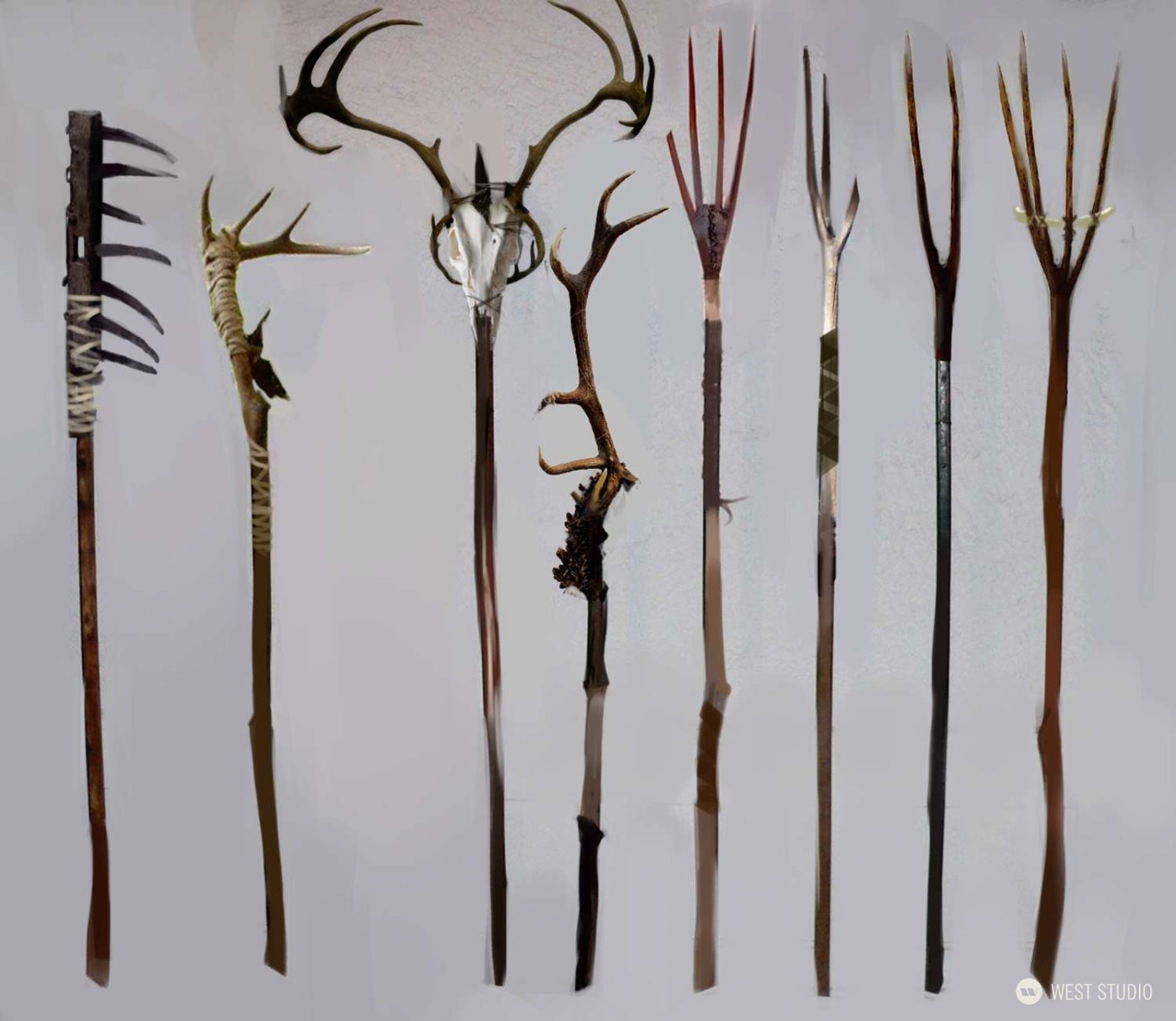 the image showcases eight distinct staffs, likely conceptual designs for fantasy weapons or ritualistic tools.  each staff incorporates natural elements like antlers, bones, and wood, bound together with fabric or twine. the staffs lean against a neutral gray backdrop, emphasizing their unique designs and textures.  the overall aesthetic suggests a tribal or primitive culture, potentially used for hunting or ceremonial purposes.