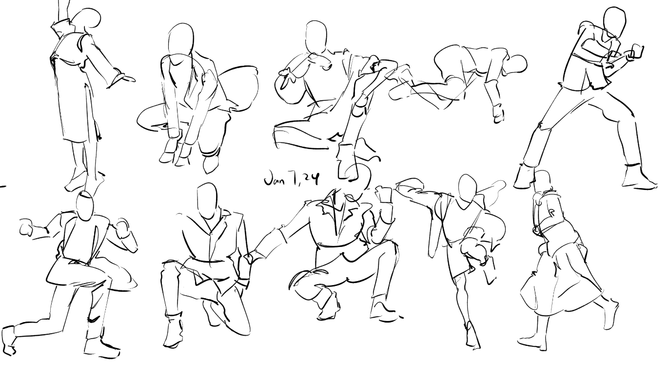 the image contains a collection of quick, expressive figure drawings.  they are primarily line drawings, done in a loose and gestural style, depicting various poses and actions of human figures in what seems to be clothing.  the sketches are not highly detailed but capture the movement and essence of each pose effectively. there is a date, "jan 1, 24," written on the page. the style suggests a focus on capturing the movement and energy of the poses rather than anatomical accuracy.