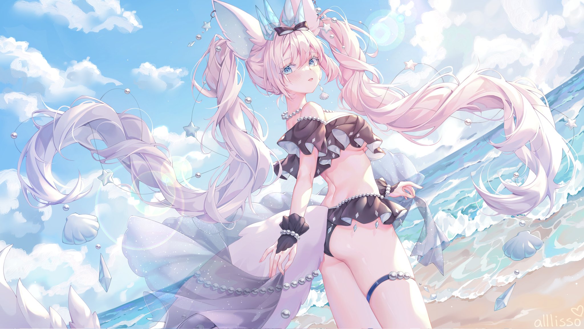 the image is a digital painting or illustration of a cute anime girl. she has long, flowing pastel pink twintails with bunny ears and a crownlike accessory. she's wearing a darkcolored bikini top and bottom with frills and a sheer, flowing skirt, adorned with pearls and seashells. the background is a beautiful beach scene with soft, blue waves under a sunny, light blue sky with fluffy white clouds.  she seems to be enjoying the beach atmosphere, with her hair and clothing flowing gently in the breeze. the overall style is soft, pastel, and magical. the artist's signature, "allisso," is visible in the bottom right corner.