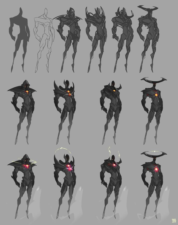 this image showcases the design process for a superhero or villain character. it features various sketches and iterations, starting with basic silhouettes and progressing towards more detailed outlines and final designs. the character is depicted in a standing pose, showcasing different variations of armor, headwear, and other stylistic elements. the use of different color palettes, line weights, and shading techniques highlights the evolution of the design.
