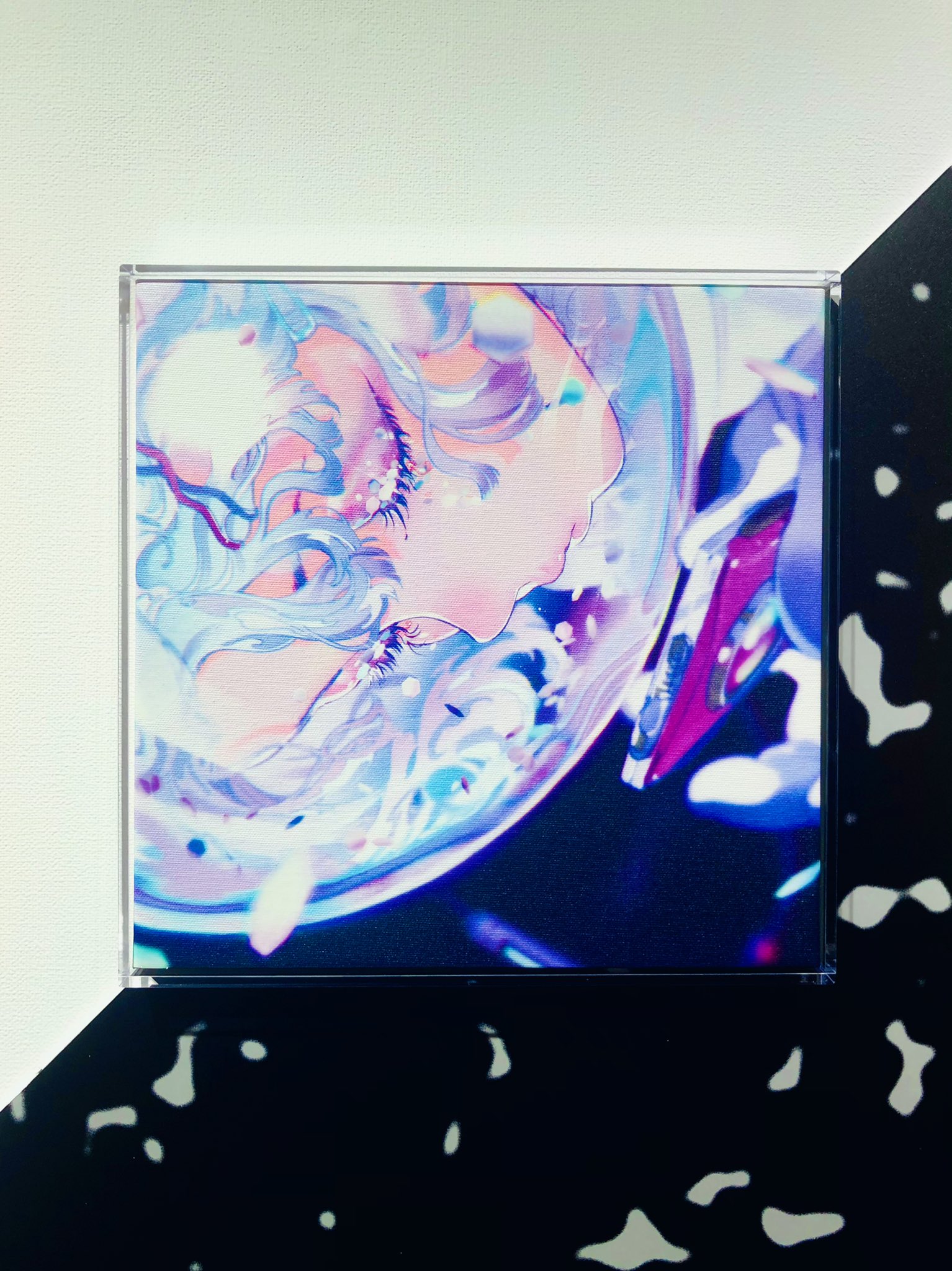 a digital illustration of a woman submerged in water with air bubbles, showcasing an anime art style with a futuristic and ethereal vibe. the color scheme revolves around shades of blue and purple, creating a dreamy and otherworldly atmosphere.