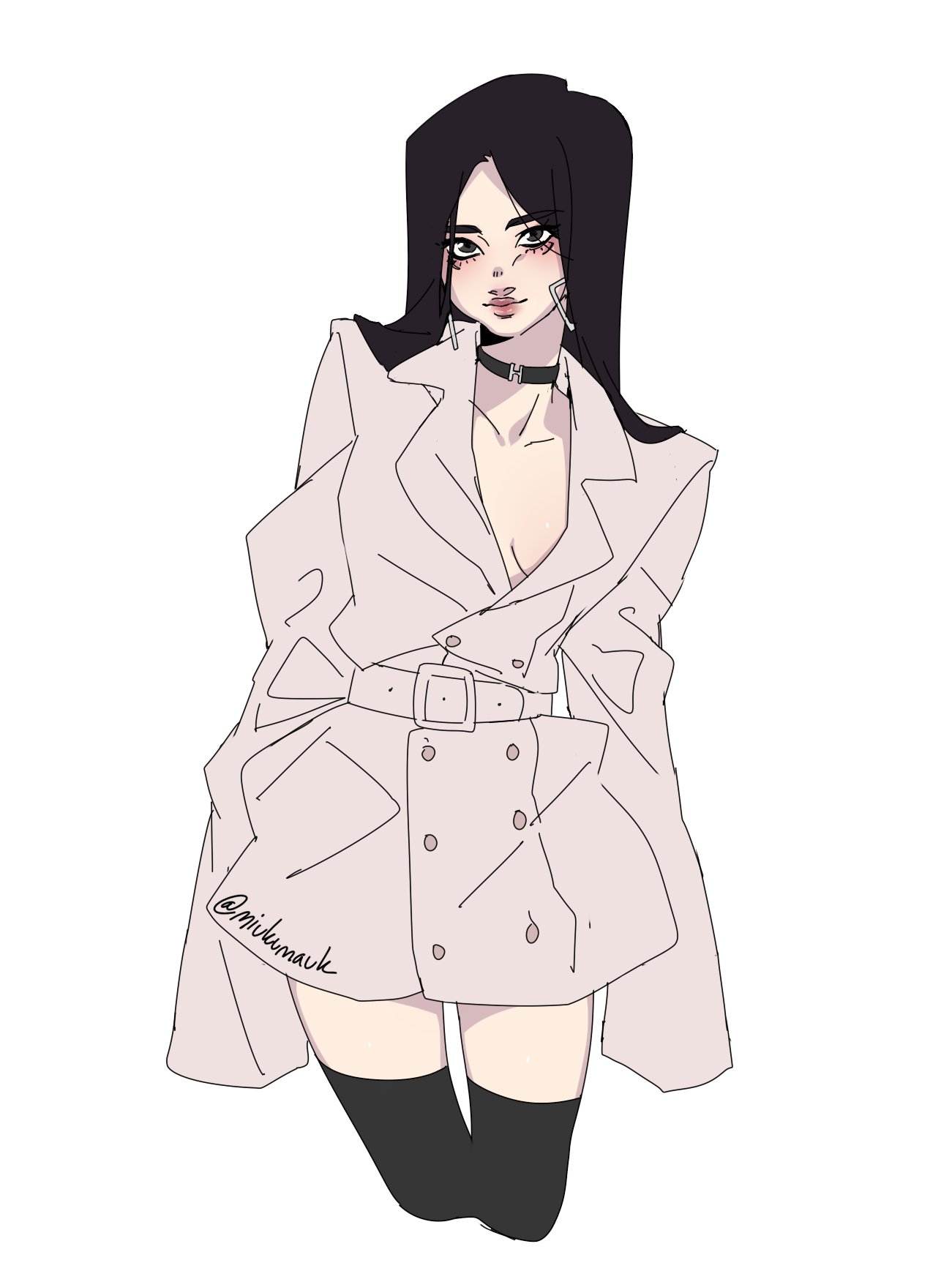 a drawing of a young woman with black hair and a white coat standing with her arms by her sides. she is wearing black thighhigh boots and has a choker around her neck. she has a playful expression on her face and looks directly at the viewer.