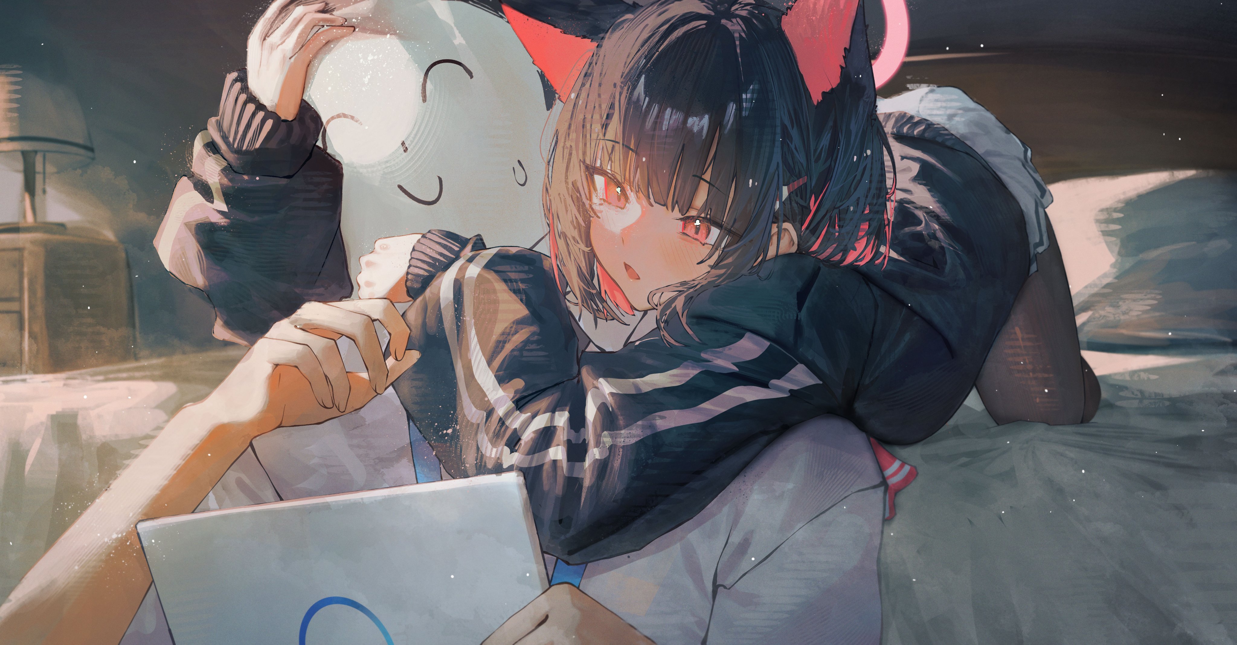 the image is a digital painting of an anime girl with cat ears cuddling a person while they are working on a laptop. the girl is wearing a dark jacket with white stripes and has long black hair with red highlights. she is sitting on a bed, and the setting appears to be a bedroom at night. the overall mood of the image is intimate and cozy. the art style is realistic and detailed, with a focus on soft lighting and subtle shadows.