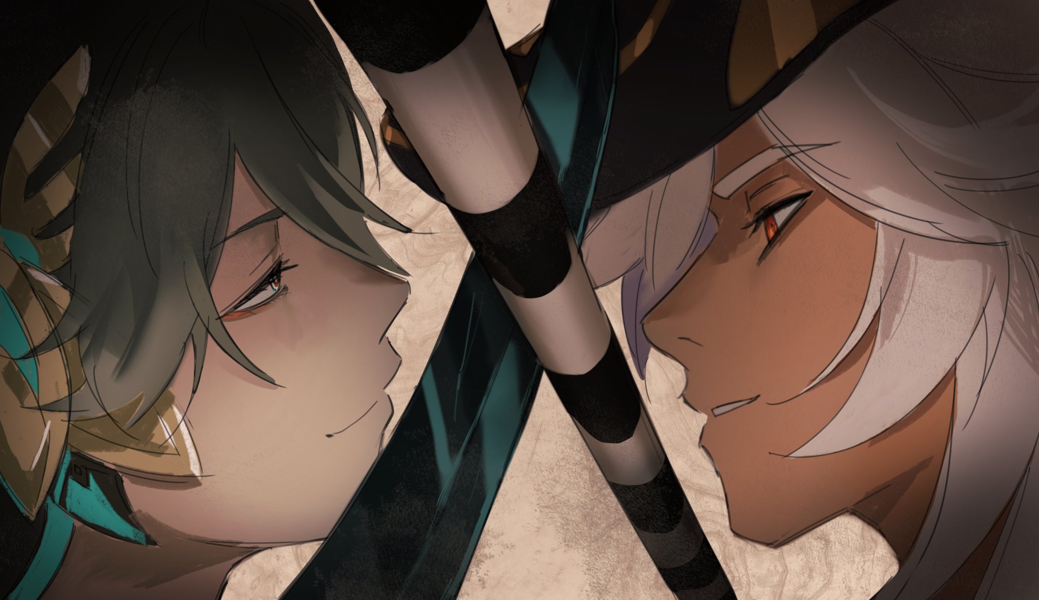 the image depicts a closeup portrait of two men in the midst of a tense standoff. they are separated by a black and white striped staff, likely a weapon, held between them. the man on the left has tealgreen hair and golden armor details. his eyes, though partially closed, hold a knowing smirk. the man on the right has white hair with a black and gold headdress. his dark eyes are narrowed in fierce determination. the lighting is dramatic, highlighting the men's faces and the tension of the moment. the warm color palette adds to the intensity of the scene.